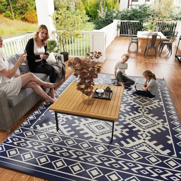 Reversible Outdoor Rug, Waterproof Plastic Straw with Carry Bag, 9' x 12', Blue and White Rhombus Border - product image 9