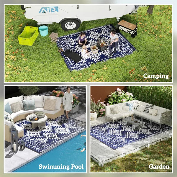 Reversible Outdoor Rug, Waterproof Plastic Straw with Carry Bag, 9' x 12', Blue and White Rhombus Border - product image 5
