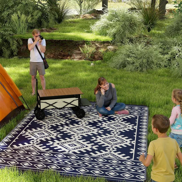 Reversible Outdoor Rug, Waterproof Plastic Straw with Carry Bag, 9' x 12', Blue and White Rhombus Border - product image 2