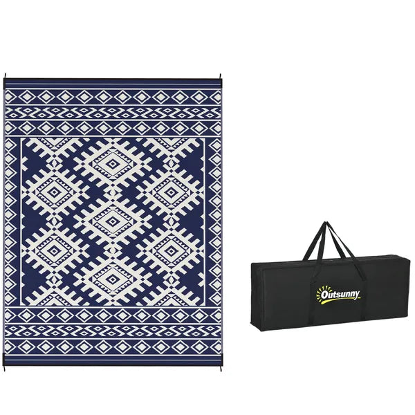 Reversible Outdoor Rug, Waterproof Plastic Straw with Carry Bag, 9' x 12', Blue and White Rhombus Border - product image 11