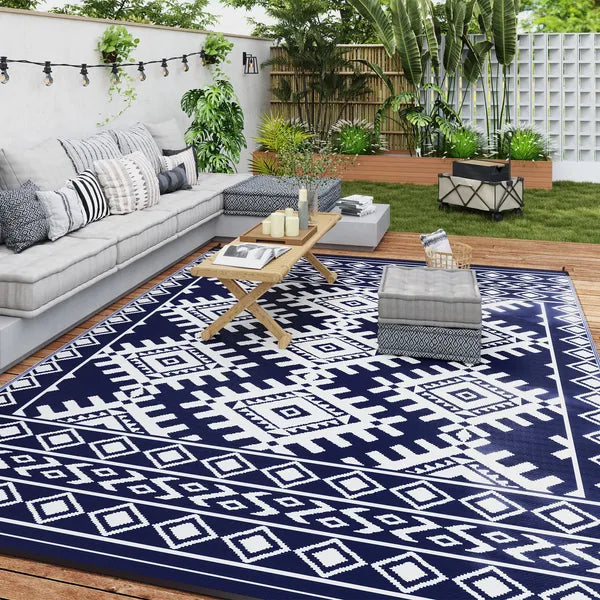 Reversible Outdoor Rug, Waterproof Plastic Straw with Carry Bag, 9' x 12', Blue and White Rhombus Border - product image 10