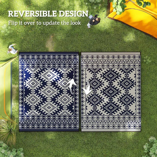 Reversible Outdoor Rug, Waterproof Plastic Straw with Carry Bag, 9' x 12', Blue and White Rhombus Border - product image 7