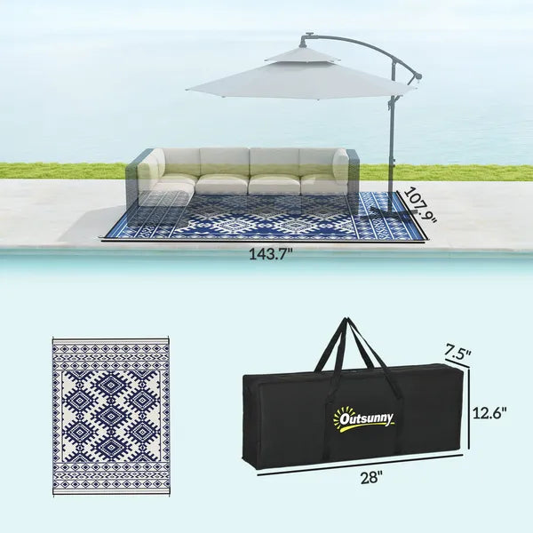 Reversible Outdoor Rug, Waterproof Plastic Straw with Carry Bag, 9' x 12', Blue and White Rhombus Border - product image 3