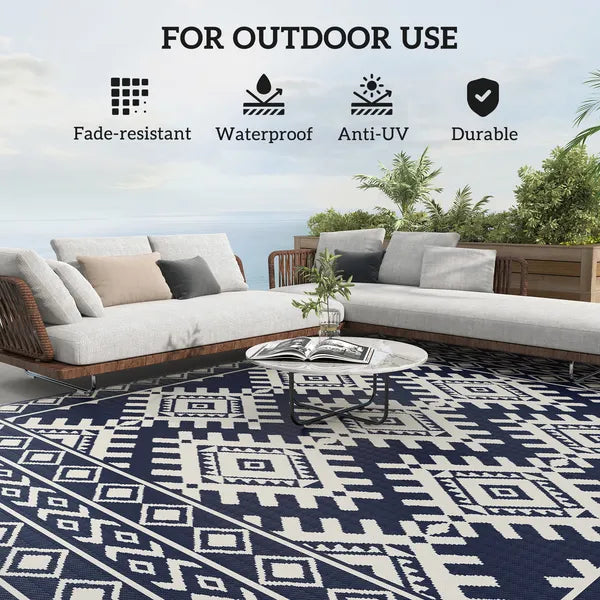 Reversible Outdoor Rug, Waterproof Plastic Straw with Carry Bag, 9' x 12', Blue and White Rhombus Border - product image 6