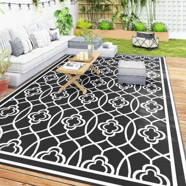 Reversible Outdoor Rug, Waterproof Plastic Straw with Carry Bag, 9' x 18', Black and Gray Lantern - product image 10