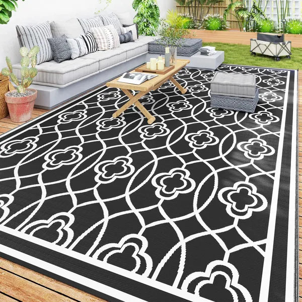Reversible Outdoor Rug, Waterproof Plastic Straw with Carry Bag, 9' x 18', Black and Gray Lantern - product image 11