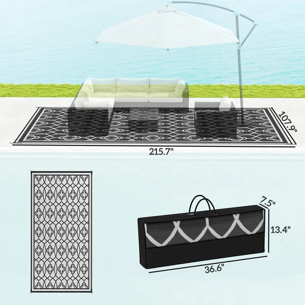 Reversible Outdoor Rug, Waterproof Plastic Straw with Carry Bag, 9' x 18', Black and Gray Lantern - product image 3