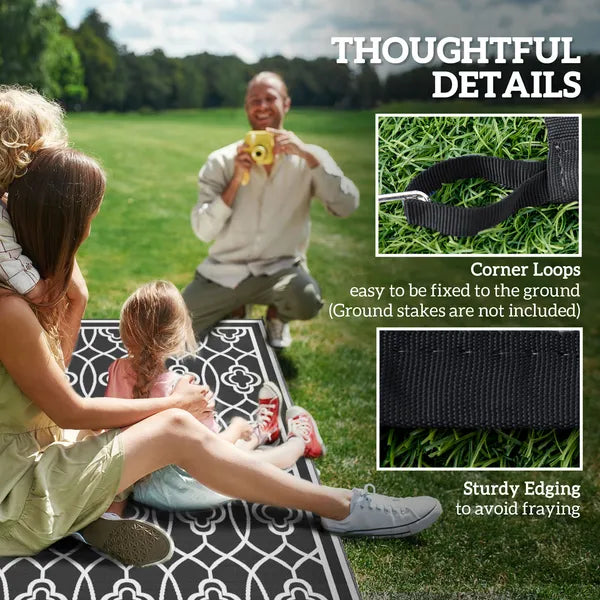 Reversible Outdoor Rug, Waterproof Plastic Straw with Carry Bag, 9' x 18', Black and Gray Lantern - product image 8
