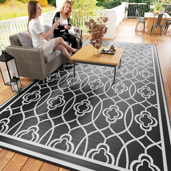 Reversible Outdoor Rug, Waterproof Plastic Straw with Carry Bag, 9' x 18', Black and Gray Lantern - product image 9