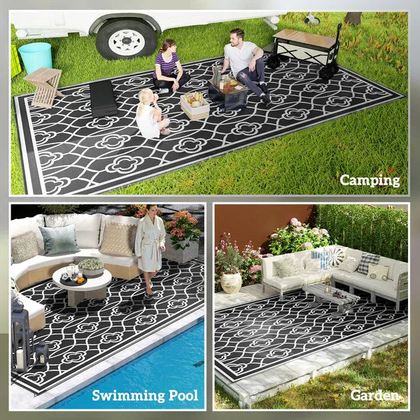 Reversible Outdoor Rug, Waterproof Plastic Straw with Carry Bag, 9' x 18', Black and Gray Lantern - product image 5