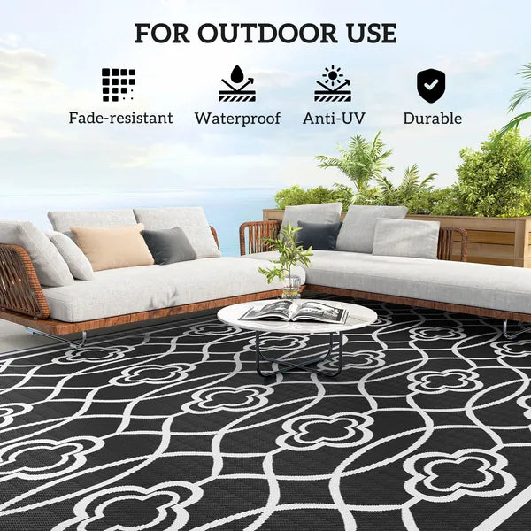 Reversible Outdoor Rug, Waterproof Plastic Straw with Carry Bag, 9' x 18', Black and Gray Lantern - product image 6
