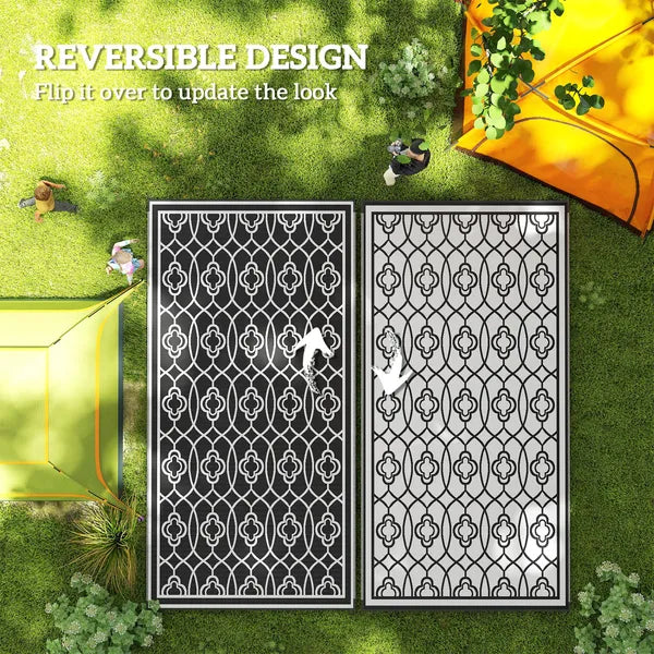 Reversible Outdoor Rug, Waterproof Plastic Straw with Carry Bag, 9' x 18', Black and Gray Lantern - product image 7