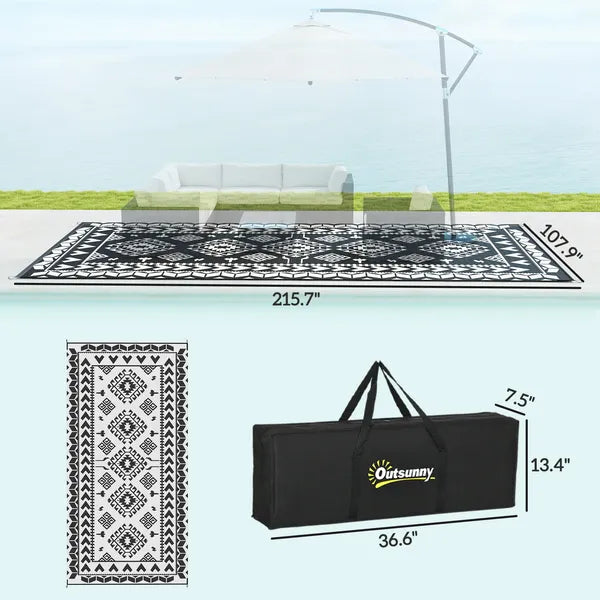 Reversible Outdoor Rug, Waterproof Plastic Straw with Carry Bag, 9' x 18', Black and White Rhombus Patchwork - product image 3