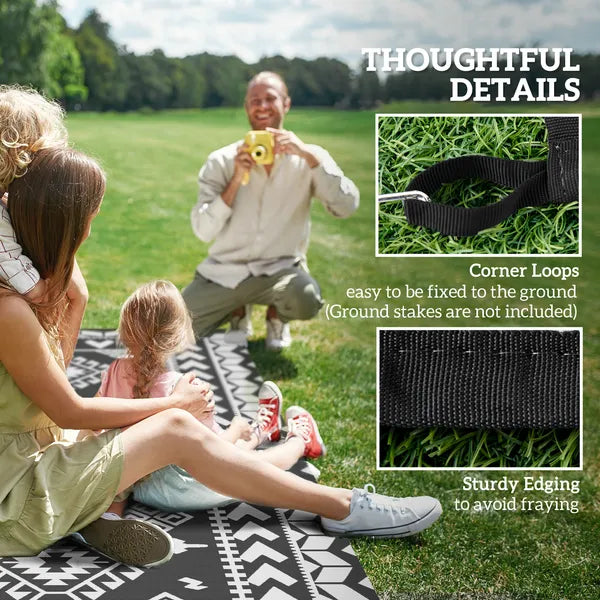 Reversible Outdoor Rug, Waterproof Plastic Straw with Carry Bag, 9' x 18', Black and White Rhombus Patchwork - product image 8