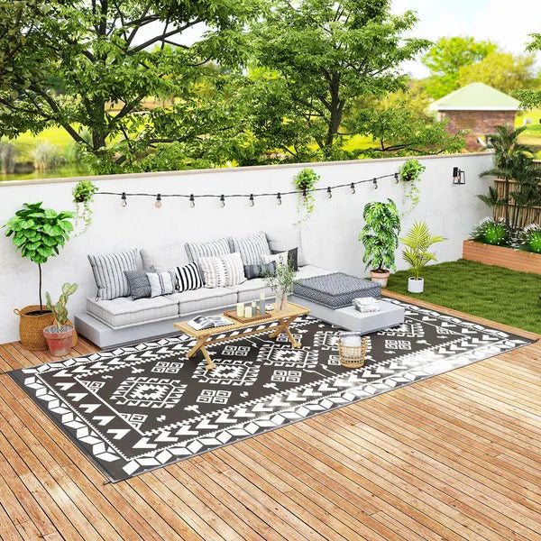 Reversible Outdoor Rug, Waterproof Plastic Straw with Carry Bag, 9' x 18', Black and White Rhombus Patchwork - product image 11