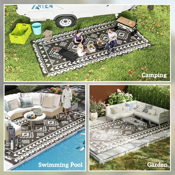Reversible Outdoor Rug, Waterproof Plastic Straw with Carry Bag, 9' x 18', Black and White Rhombus Patchwork - product image 5