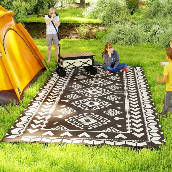 Reversible Outdoor Rug, Waterproof Plastic Straw with Carry Bag, 9' x 18', Black and White Rhombus Patchwork - product image 2