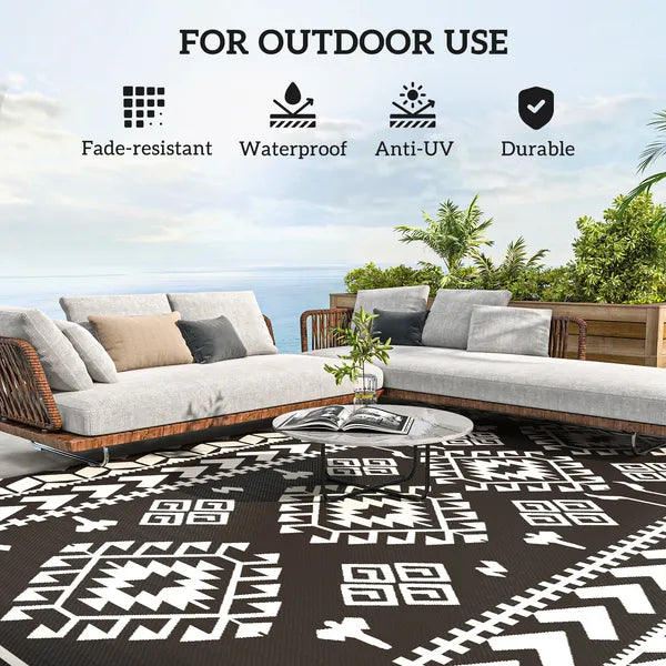 Reversible Outdoor Rug, Waterproof Plastic Straw with Carry Bag, 9' x 18', Black and White Rhombus Patchwork - product image 6