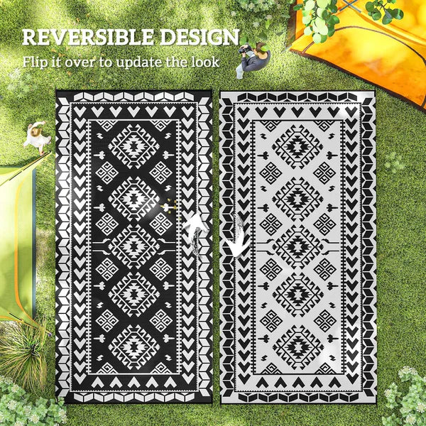 Reversible Outdoor Rug, Waterproof Plastic Straw with Carry Bag, 9' x 18', Black and White Rhombus Patchwork - product image 7