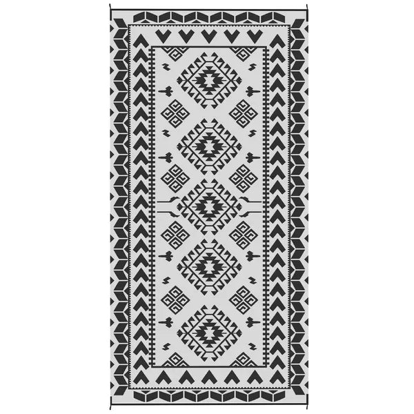 Reversible Outdoor Rug, Waterproof Plastic Straw with Carry Bag, 9' x 18', Black and White Rhombus Patchwork - product image 1
