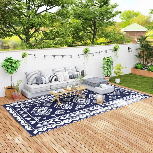 Reversible Outdoor Rug, Waterproof Plastic Straw with Carry Bag, 9' x 18', Blue and White Rhombus Patchwork - product image 11