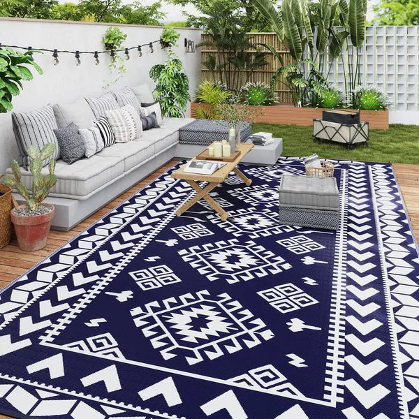 Reversible Outdoor Rug, Waterproof Plastic Straw with Carry Bag, 9' x 18', Blue and White Rhombus Patchwork - product image 10