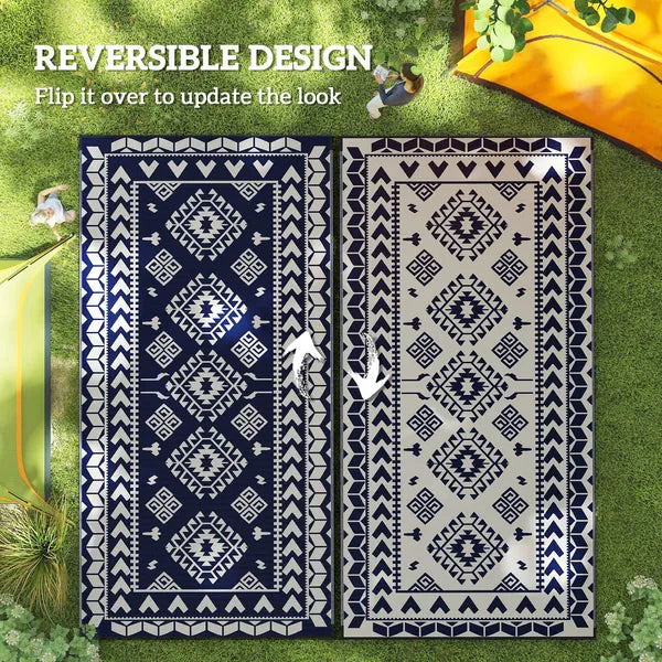 Reversible Outdoor Rug, Waterproof Plastic Straw with Carry Bag, 9' x 18', Blue and White Rhombus Patchwork - product image 7