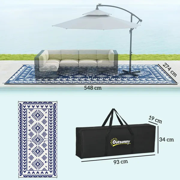 Reversible Outdoor Rug, Waterproof Plastic Straw with Carry Bag, 9' x 18', Blue and White Rhombus Patchwork - product image 3