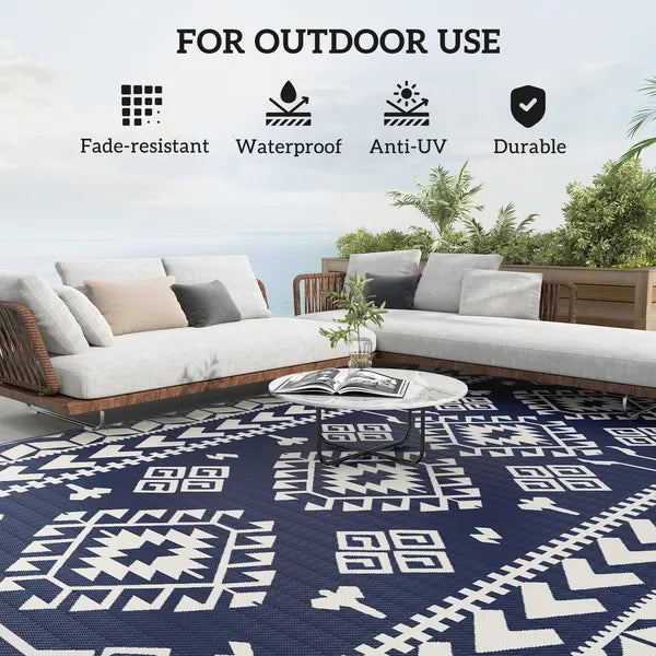 Reversible Outdoor Rug, Waterproof Plastic Straw with Carry Bag, 9' x 18', Blue and White Rhombus Patchwork - product image 6