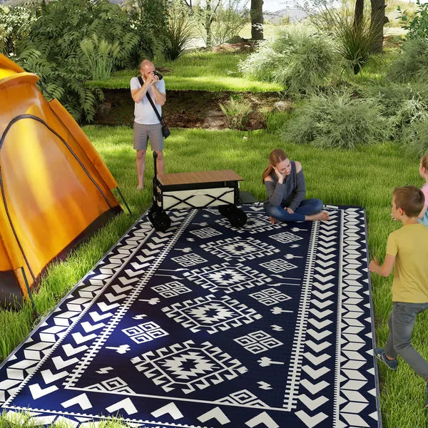 Reversible Outdoor Rug, Waterproof Plastic Straw with Carry Bag, 9' x 18', Blue and White Rhombus Patchwork - product image 2