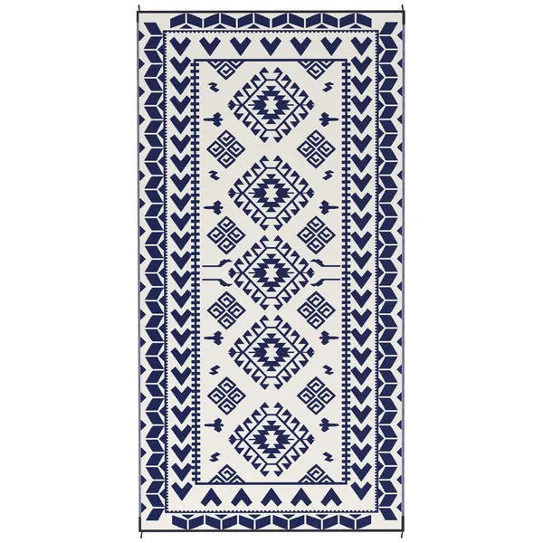 Reversible Outdoor Rug, Waterproof Plastic Straw with Carry Bag, 9' x 18', Blue and White Rhombus Patchwork - product image 1