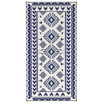 Reversible Outdoor Rug, Waterproof Plastic Straw with Carry Bag, 9' x 18', Blue and White Rhombus Patchwork - product image 1