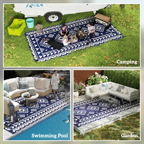 Reversible Outdoor Rug, Waterproof Plastic Straw with Carry Bag, 9' x 18', Blue and White Rhombus Patchwork - product image 5