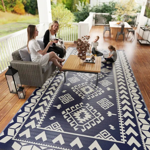 Reversible Outdoor Rug, Waterproof Plastic Straw with Carry Bag, 9' x 18', Blue and White Rhombus Patchwork - product image 9