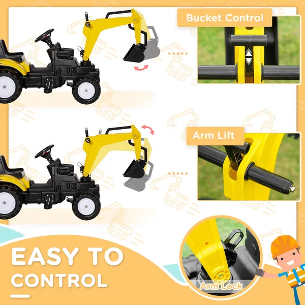 Aosom Ride-On Toy Pedal Digger Excavator, Pretend Play Construction Car with Horn, for Kids Toddlers 3+, Yellow - product image 5