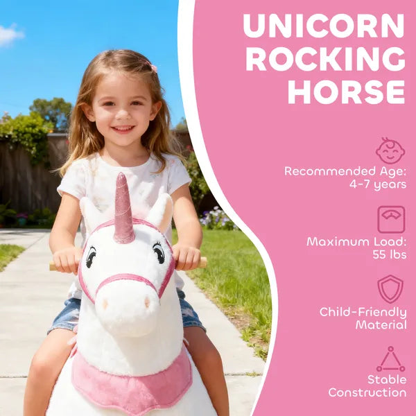 Ride on Unicorn Toy for Kids 4-7 Years, 37.8 Inch Plush Baby Rocking Horse with Wheels, No Battery Required, White - product image 4