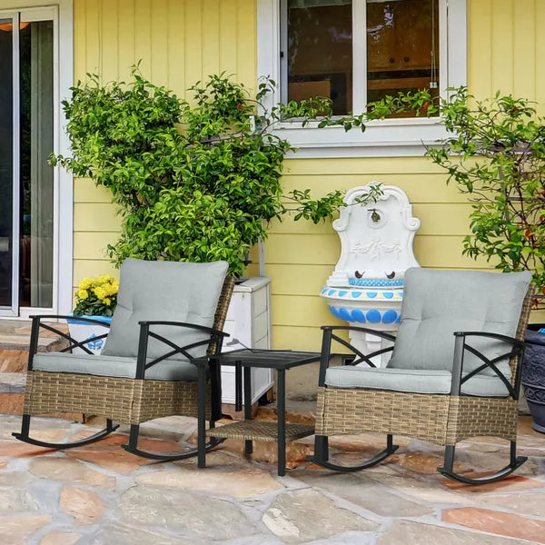 Rocking Bistro Set 3 Piece Wicker Outdoor Furniture with Rocker Chairs Cushions Coffee Table Light Grey - product image 9