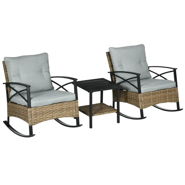 Rocking Bistro Set 3 Piece Wicker Outdoor Furniture with Rocker Chairs Cushions Coffee Table Light Grey - product image 10