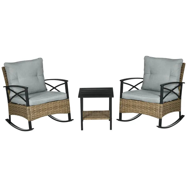 Rocking Bistro Set 3 Piece Wicker Outdoor Furniture with Rocker Chairs Cushions Coffee Table Light Grey - product image 1