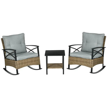 Rocking Bistro Set 3 Piece Wicker Outdoor Furniture with Rocker Chairs Cushions Coffee Table Light Grey - product image 1