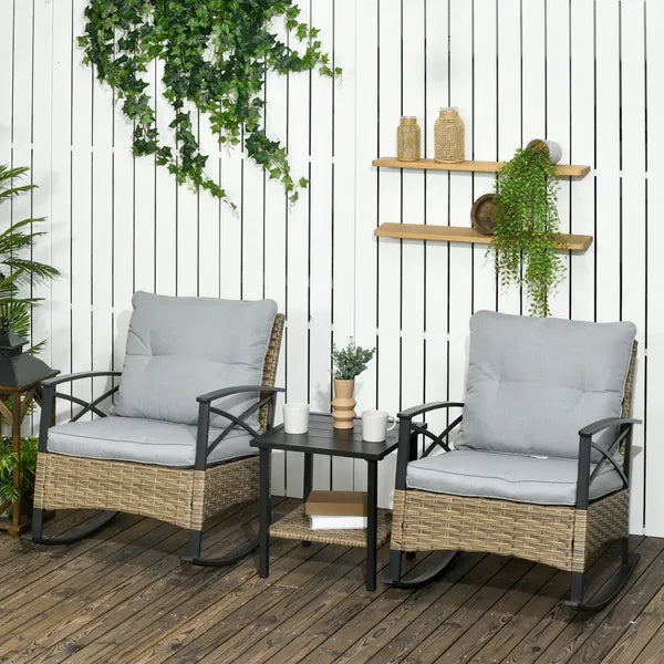 Rocking Bistro Set 3 Piece Wicker Outdoor Furniture with Rocker Chairs Cushions Coffee Table Light Grey - product image 2