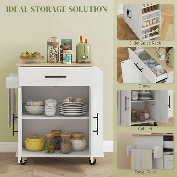 HOMCOM Rollable Kitchen Island with Power Outlets, Drawer, Doors and Versatile Storage on Wheels, White - product image 4
