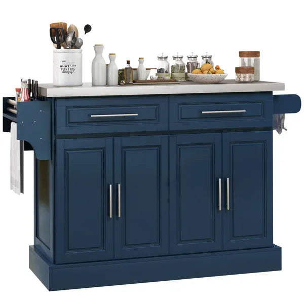 HOMCOM Rollable Kitchen Island with Stainless Steel Top, 2 Drawers, Spice, Knife and Towel Rack and Cabinets, Navy Blue - product image 11