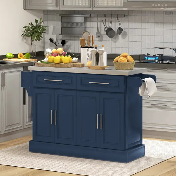 HOMCOM Rollable Kitchen Island with Stainless Steel Top, 2 Drawers, Spice, Knife and Towel Rack and Cabinets, Navy Blue - product image 2