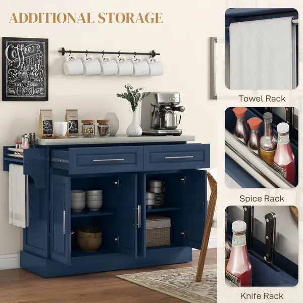 HOMCOM Rollable Kitchen Island with Stainless Steel Top, 2 Drawers, Spice, Knife and Towel Rack and Cabinets, Navy Blue - product image 7