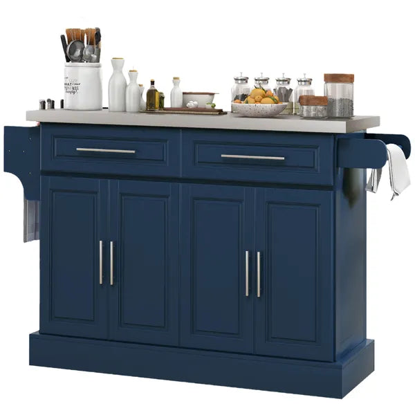 HOMCOM Rollable Kitchen Island with Stainless Steel Top, 2 Drawers, Spice, Knife and Towel Rack and Cabinets, Navy Blue - product image 1