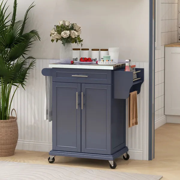 Rolling Island on Wheels, Small Kitchen island cart with Storage, Stainless Steel Countertop for Dining Room, Deep Blue - product image 10