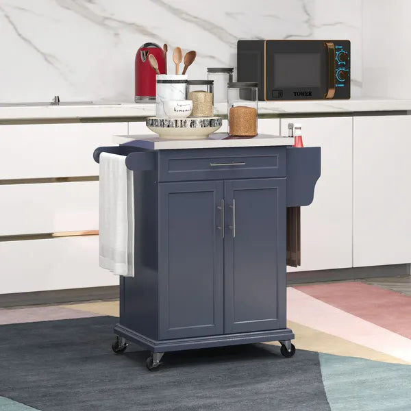 Rolling Island on Wheels, Small Kitchen island cart with Storage, Stainless Steel Countertop for Dining Room, Deep Blue - product image 2