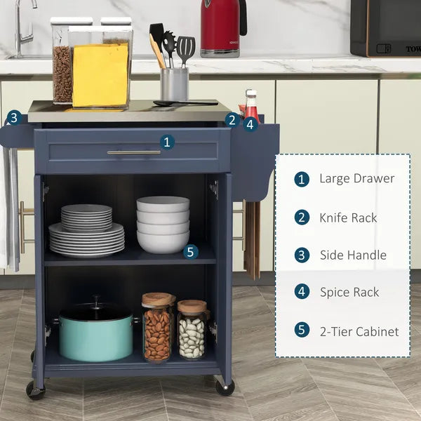 Rolling Island on Wheels, Small Kitchen island cart with Storage, Stainless Steel Countertop for Dining Room, Deep Blue - product image 4