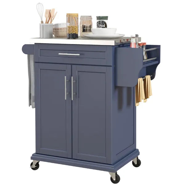 Rolling Island on Wheels, Small Kitchen island cart with Storage, Stainless Steel Countertop for Dining Room, Deep Blue - product image 1
